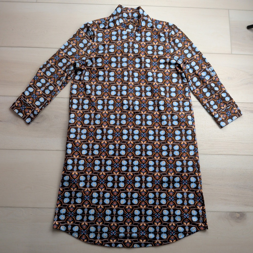 J. McLaughlin Berlin Shirt Dress Womens M Brown Orange Blue Atlas Tile Geometric